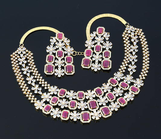 3 Layered Floral Design Gold Tone Zircon Necklace with Pink Ruby CZ Stones
