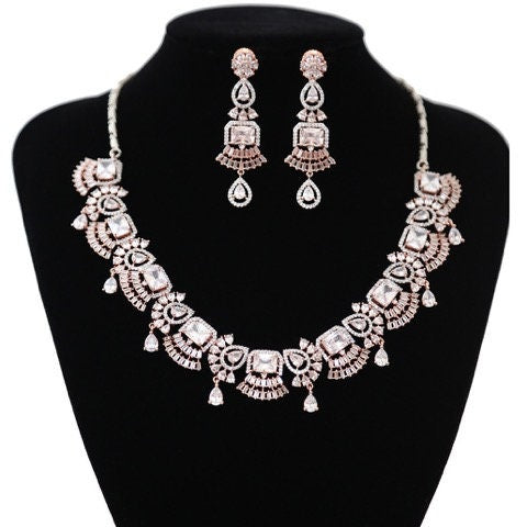 White CZ AD American Diamonds Bridal Wedding Accessories Jewelry Set,Simulated Diamond earrings
