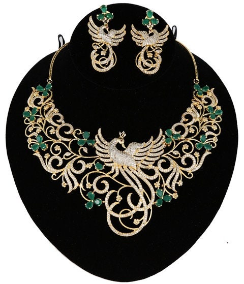 Peacock Designed Indian Bollywood AD Wedding CZ with White stones Bridal Fashion Jewelry Necklace Set