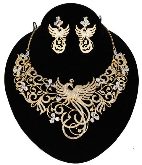 Peacock Designed Indian Bollywood AD Wedding CZ with White stones Bridal Fashion Jewelry Necklace Set