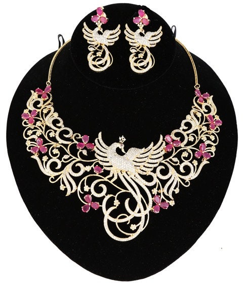 Peacock Designed Indian Bollywood AD Wedding CZ with White stones Bridal Fashion Jewelry Necklace Set