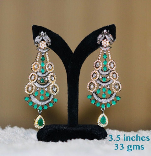 Antique Gold Emerald CZ Crystal chandelier Earrings bridal jewelry | Wedding tear-drop Statement earrings | Trendy Earrings Indian Designs