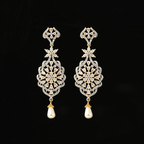 Dangling Earring with Semiprecious Clear Crystal American Diamond and Kundan wedding jewelry