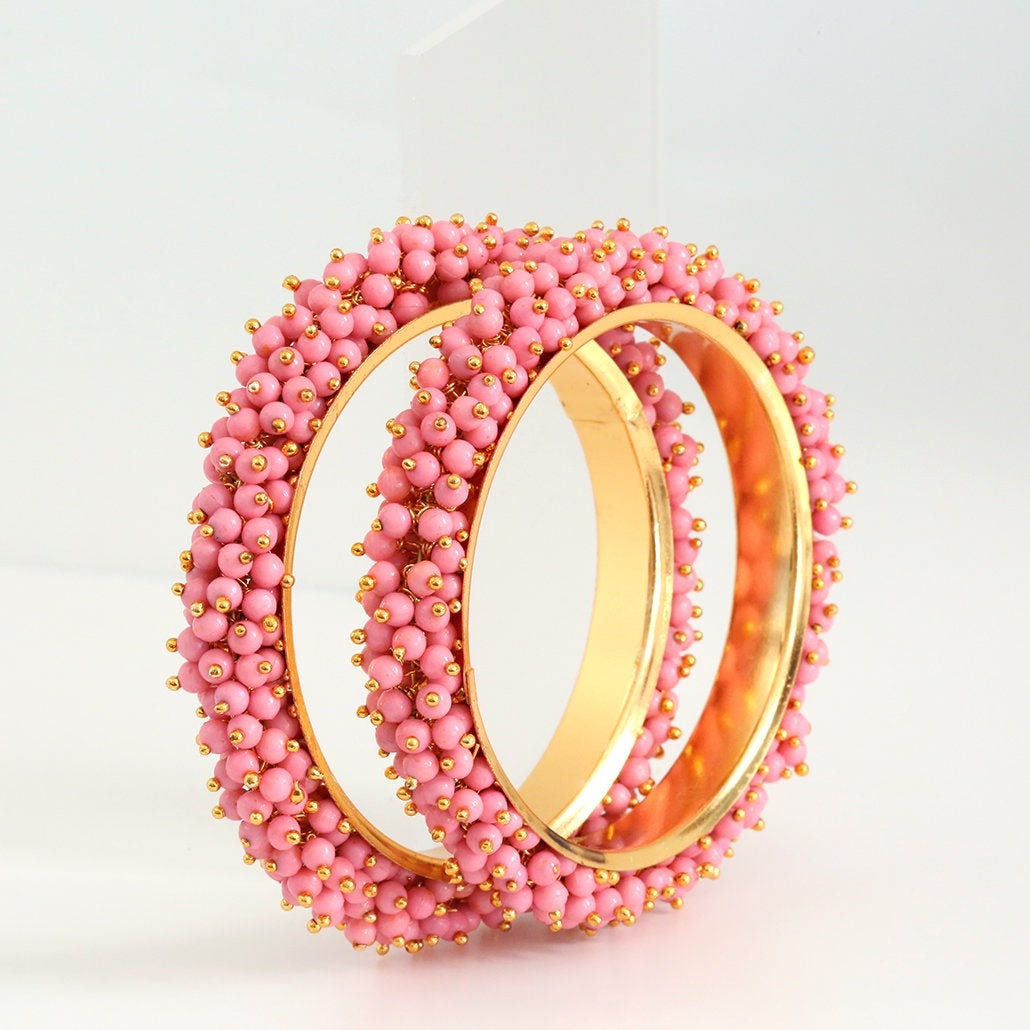 2 PCs Bollywood Fashion Trends Rose Pink Beads Cluster Pearl bangles Kada Bracelet