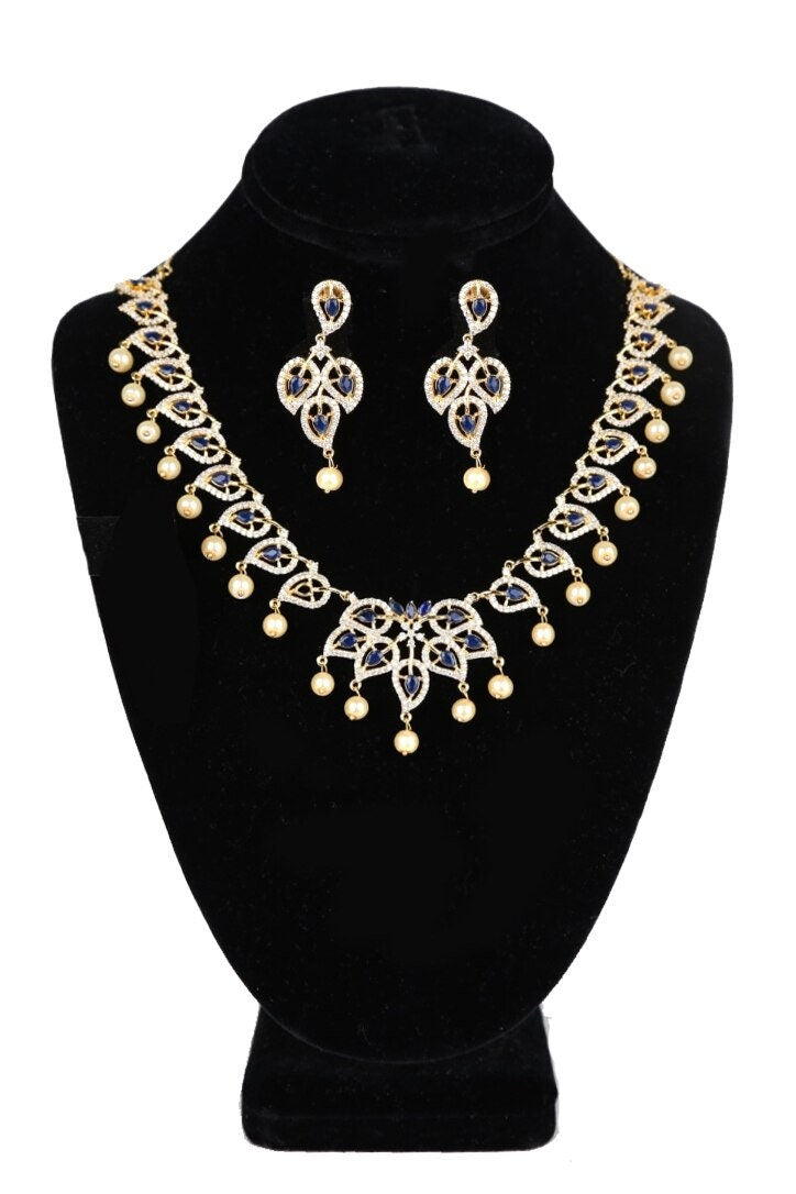 American Diamond Mango Design bridal necklace set with Topaz,Ruby,blue,clear stones and faux pearls