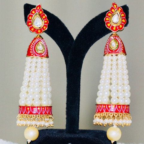 Multi-strand Meenakari Pearl jhumka set | Bollywood Jhumka Earrings | Indian Pearl Jhumka Jhumki | Statement Drop Earrings | Gift for her