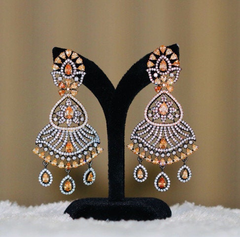 Two Tone Silver Golden Plated Antique Finish Oxidized Earrings with Clear Stones