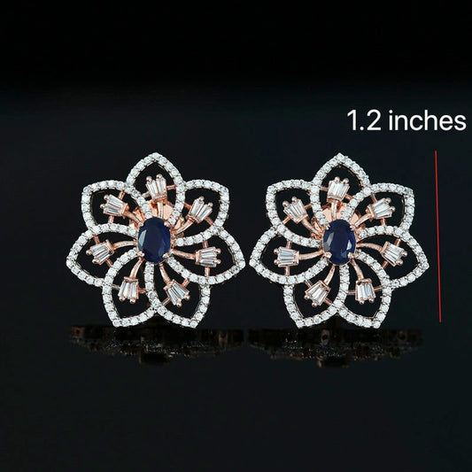 Rose Gold Plated Sapphire Blue CZ Flower Stud Earrings American Diamond Fashion Jewelry