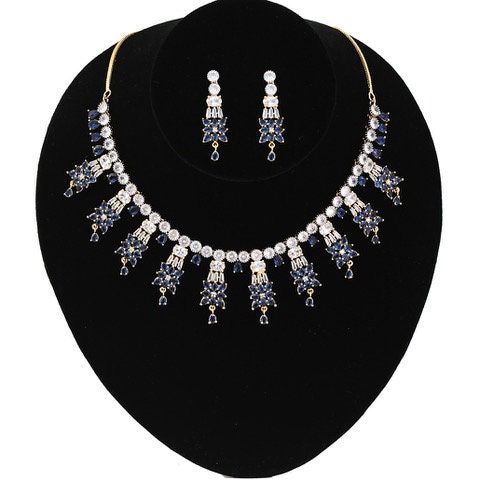 Sapphire Blue Wedding Jewelry Set Bridal NECKLACE and EARRINGS 