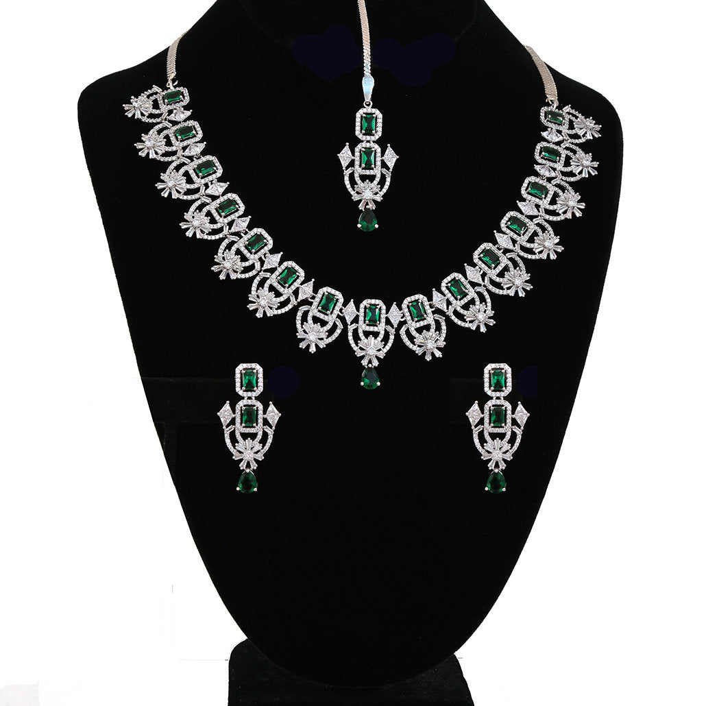 American Diamond Silver/Rhodium Plated CZ Mint/Pink/Green/Ruby Diamond Necklace maang tikka set |Indian/Pakistani Wedding Party wearJewelry