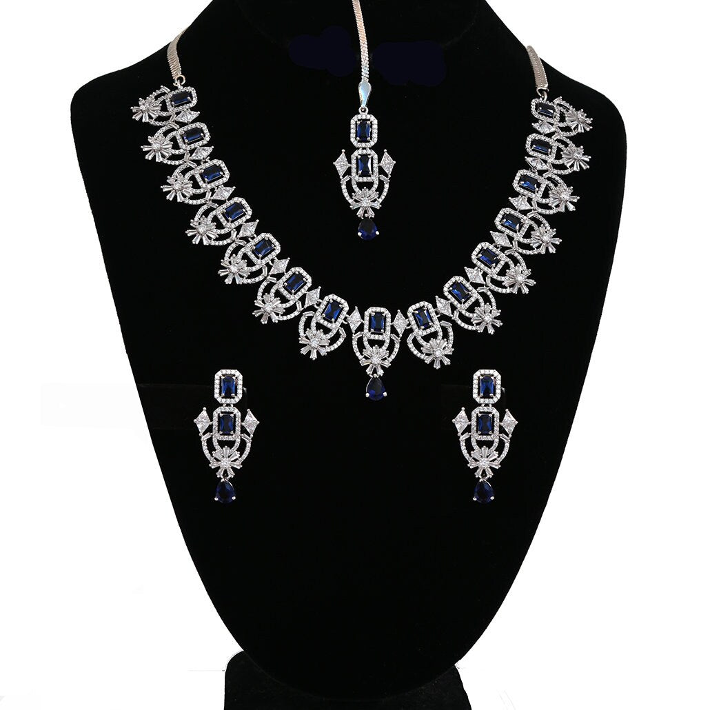 American Diamond Silver/Rhodium Plated CZ Mint/Pink/Green/Ruby Diamond Necklace maang tikka set |Indian/Pakistani Wedding Party wearJewelry