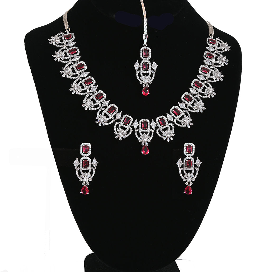 American Diamond Silver/Rhodium Plated CZ Mint/Pink/Green/Ruby Diamond Necklace maang tikka set |Indian/Pakistani Wedding Party wearJewelry