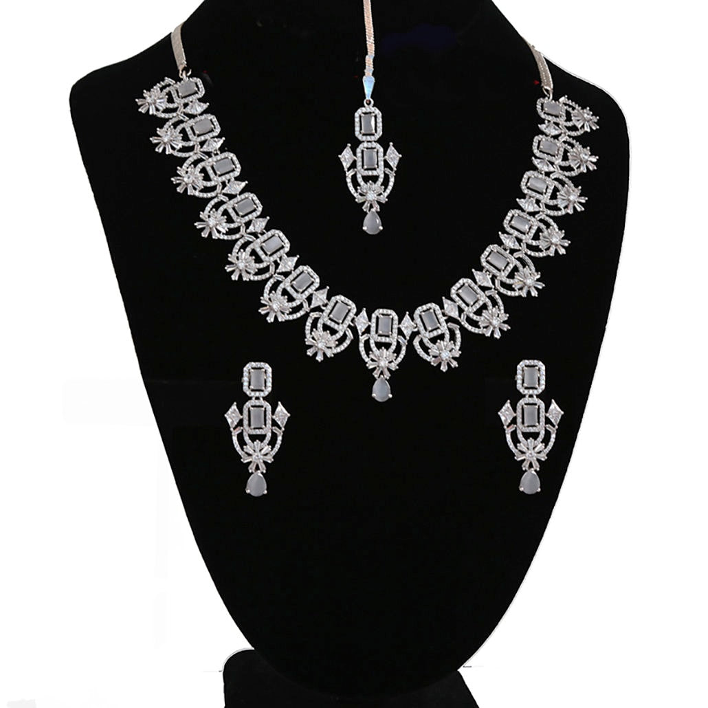 American Diamond Silver/Rhodium Plated CZ Mint/Pink/Green/Ruby Diamond Necklace maang tikka set |Indian/Pakistani Wedding Party wearJewelry