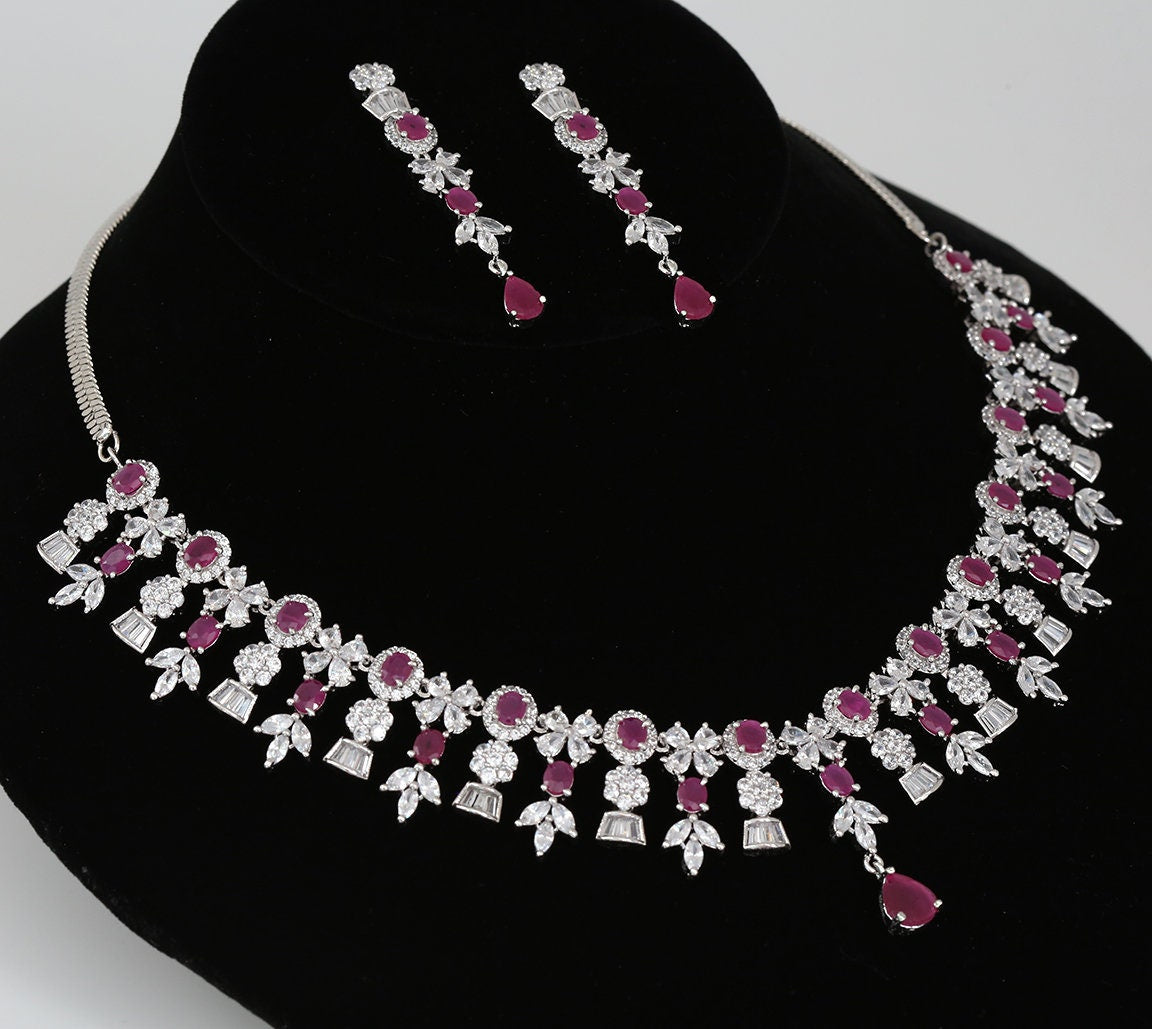Indian Bollywood Style Pink Pearl Silver Plated Fashion Bridal Diamond  Necklace