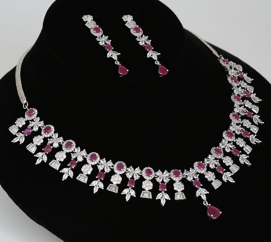 American Diamond Silver Wedding Necklace Earring set | Pink CZ Stone Indian  Jewelry | Mint Green Statement Necklace | Indian Designs Jewelry