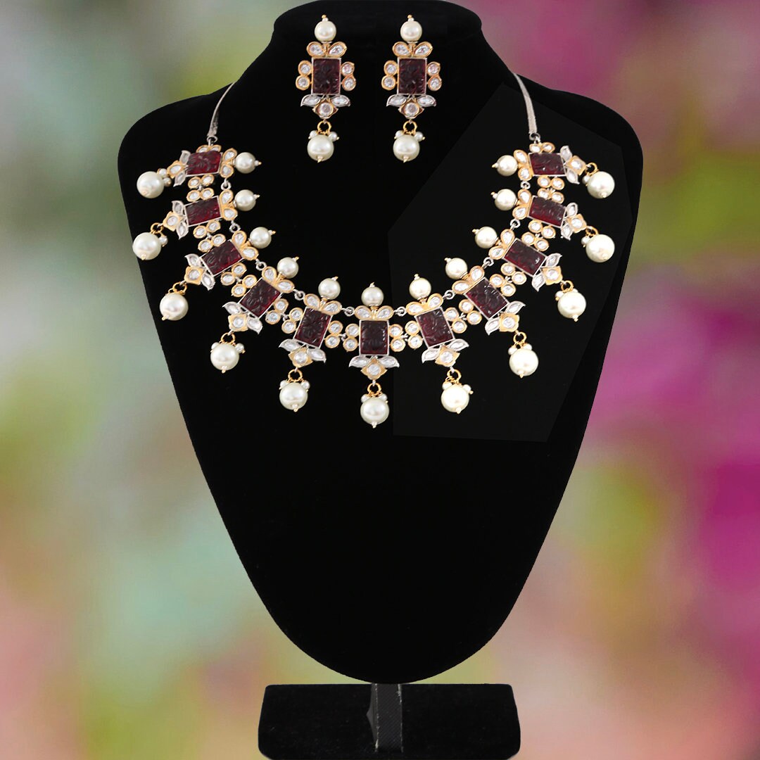 Pearl kundan choker with low price, Gold plated carved stone jewelry, Pink stone Wedding statement necklace earrings |Indian Designs Jewelry
