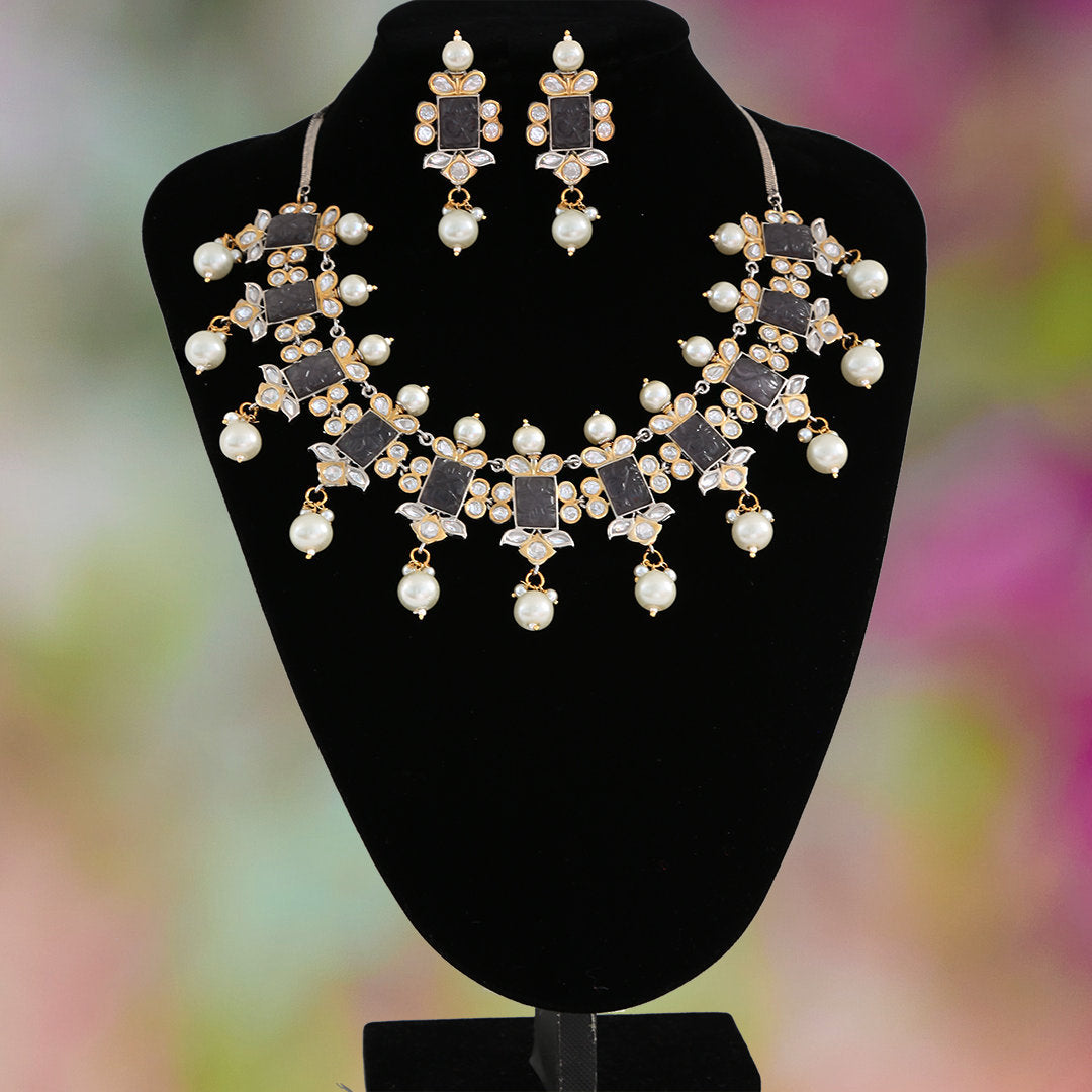 Pearl kundan choker with low price, Gold plated carved stone jewelry, Pink stone Wedding statement necklace earrings |Indian Designs Jewelry
