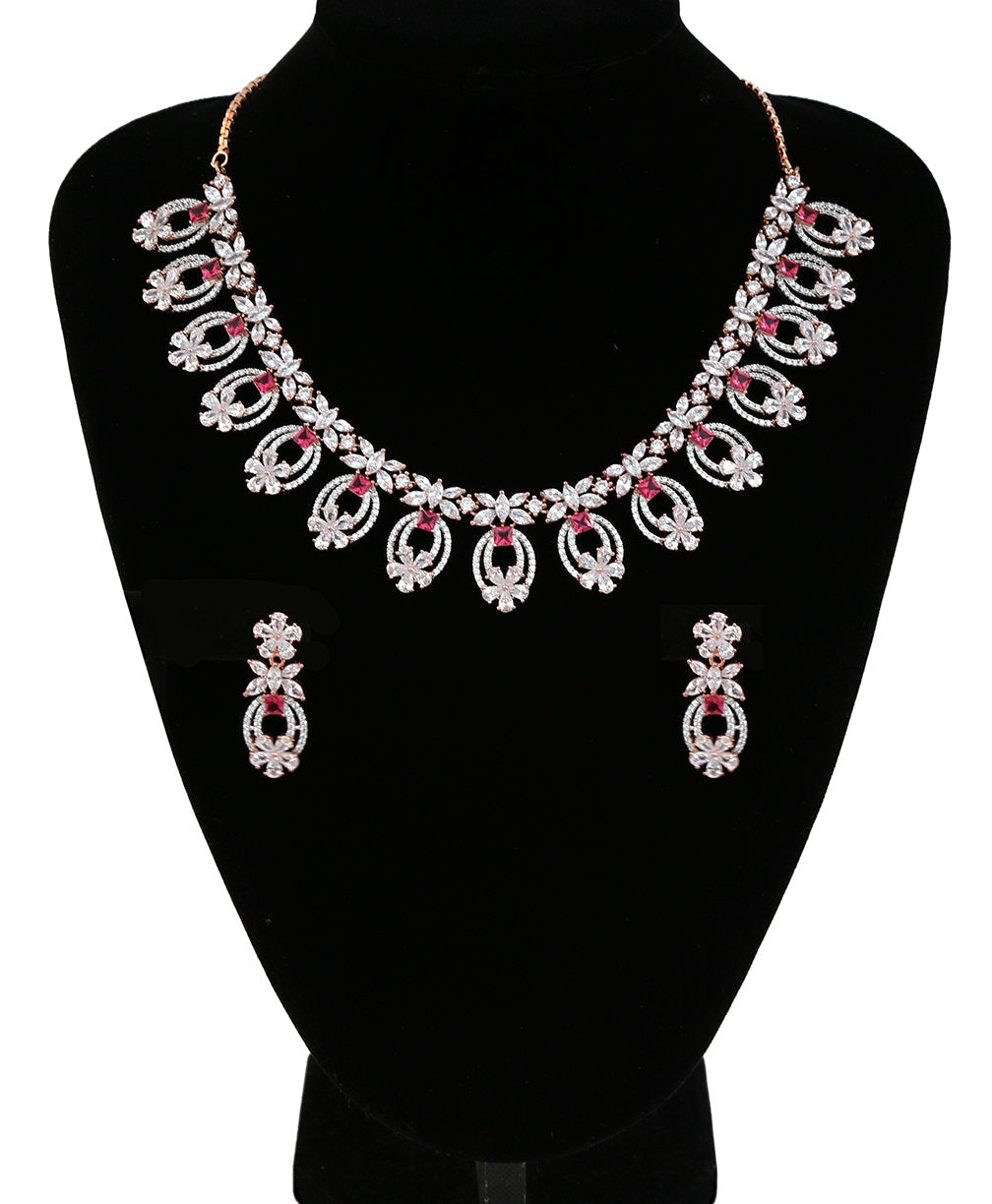 Hand crafted Zircon Stone Enhanced Necklace|Rose Gold Polish Copper Alloy Stone CubicZirconia Necklace|Womens Luxury Elegant Fashion Jewelry