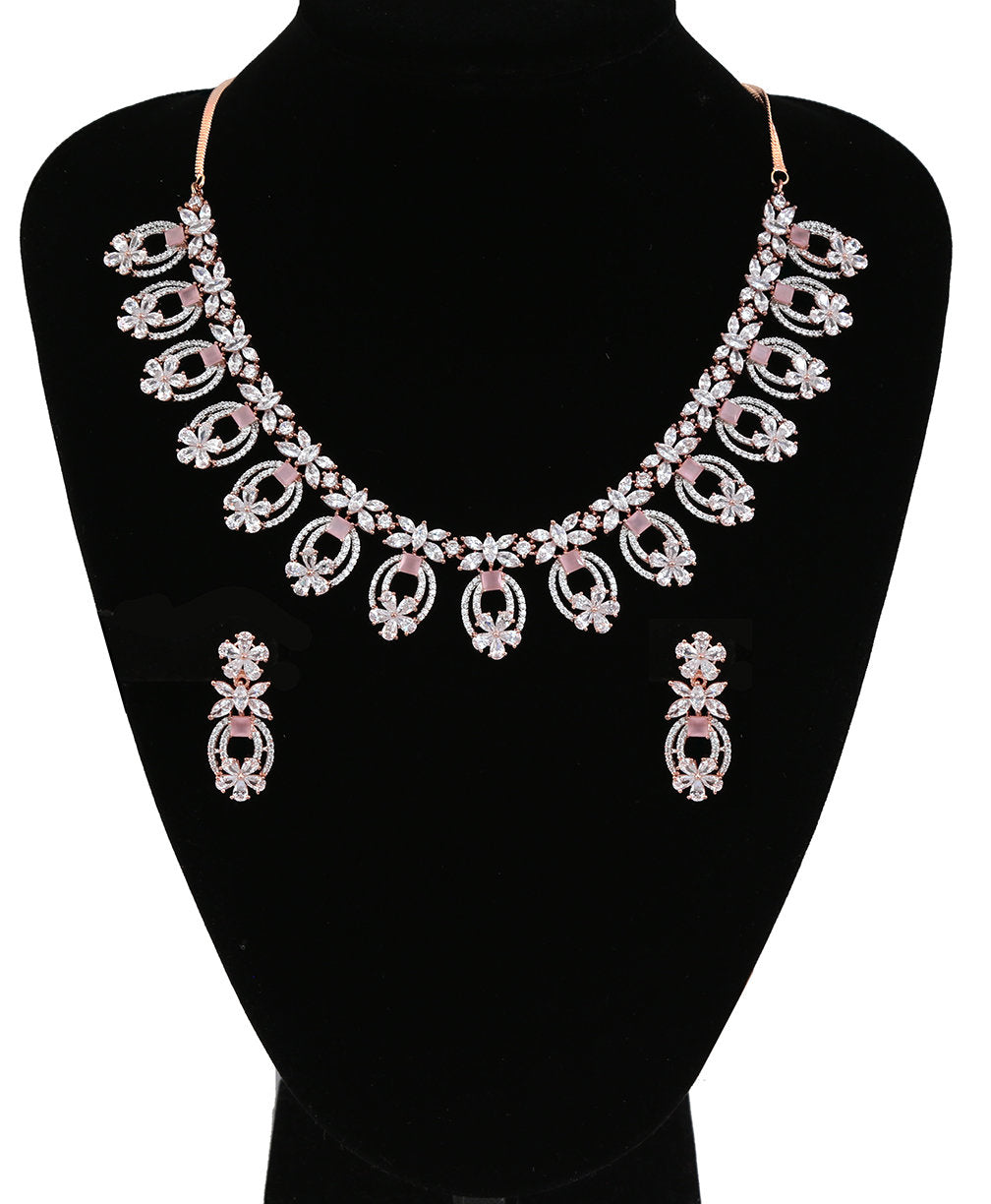 Hand crafted Zircon Stone Enhanced Necklace|Rose Gold Polish Copper Alloy Stone CubicZirconia Necklace|Womens Luxury Elegant Fashion Jewelry