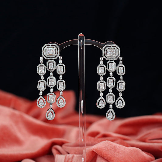 Rhodium Plated Long Dangle Cubic Zirconia Crystal Stone Pave Chandelier Tassel Wedding Earrings