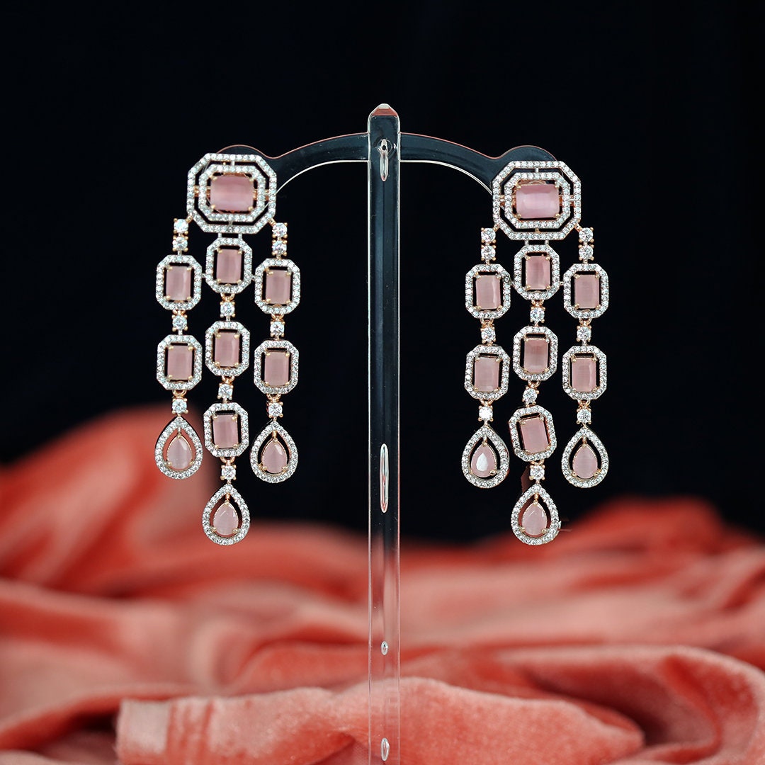 Luxury Bridal Rose CZ Rose Gold Plated Long Dangle Chandelier Womens Earrings|Diamond Tassel Wedding Earrings|Indian Fashion Jewelry