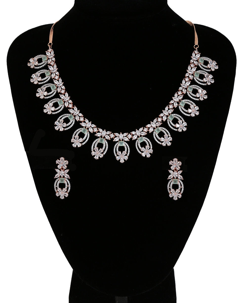 Hand crafted Zircon Stone Enhanced Necklace|Rose Gold Polish Copper Alloy Stone CubicZirconia Necklace|Womens Luxury Elegant Fashion Jewelry