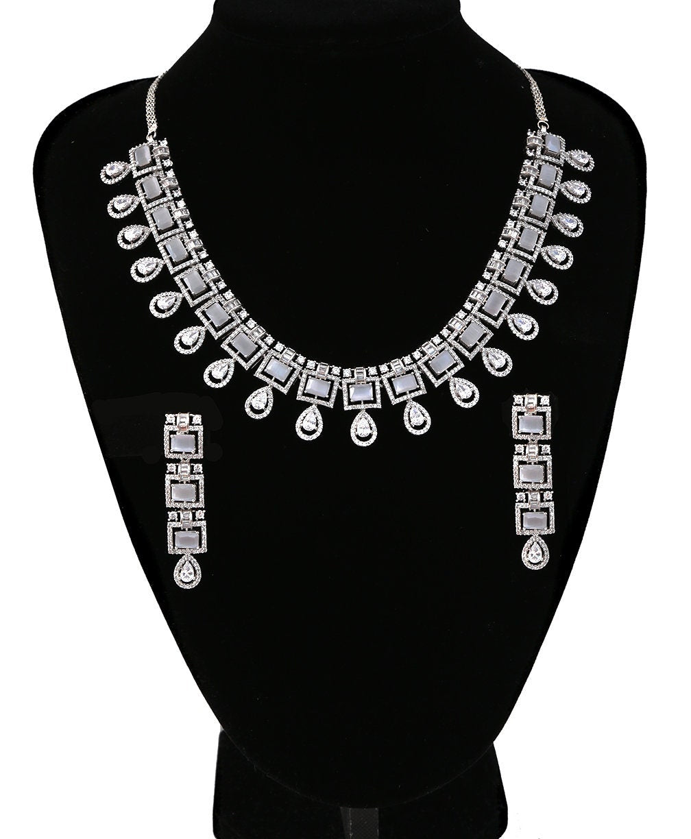 Zircon Stones and CZ Diamond Rhodium Plated Jewelry Set| Clear Teardrop Choker Necklace|Wedding Necklace and Earrings Set