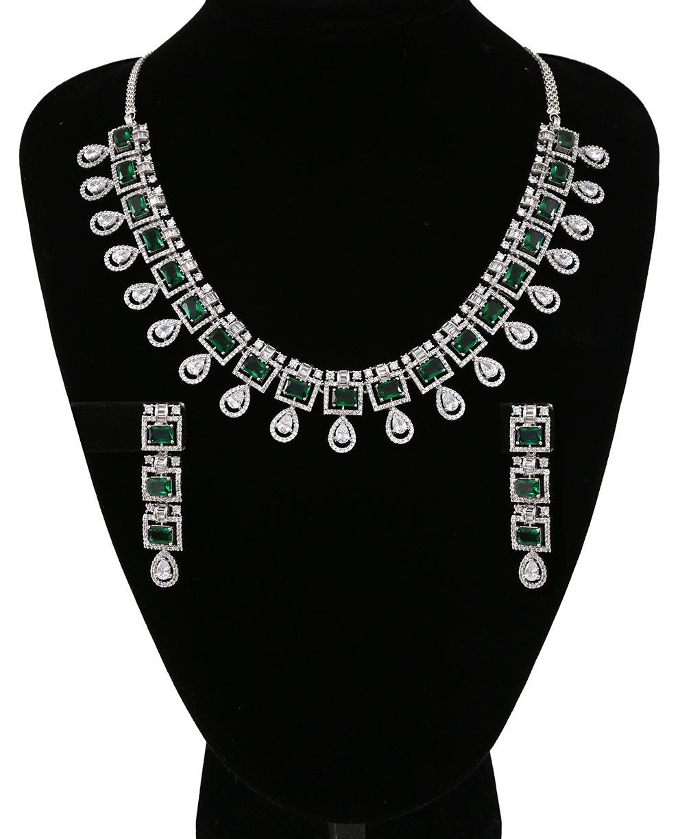 Zircon Stones and CZ Diamond Rhodium Plated Jewelry Set| Clear Teardrop Choker Necklace|Wedding Necklace and Earrings Set