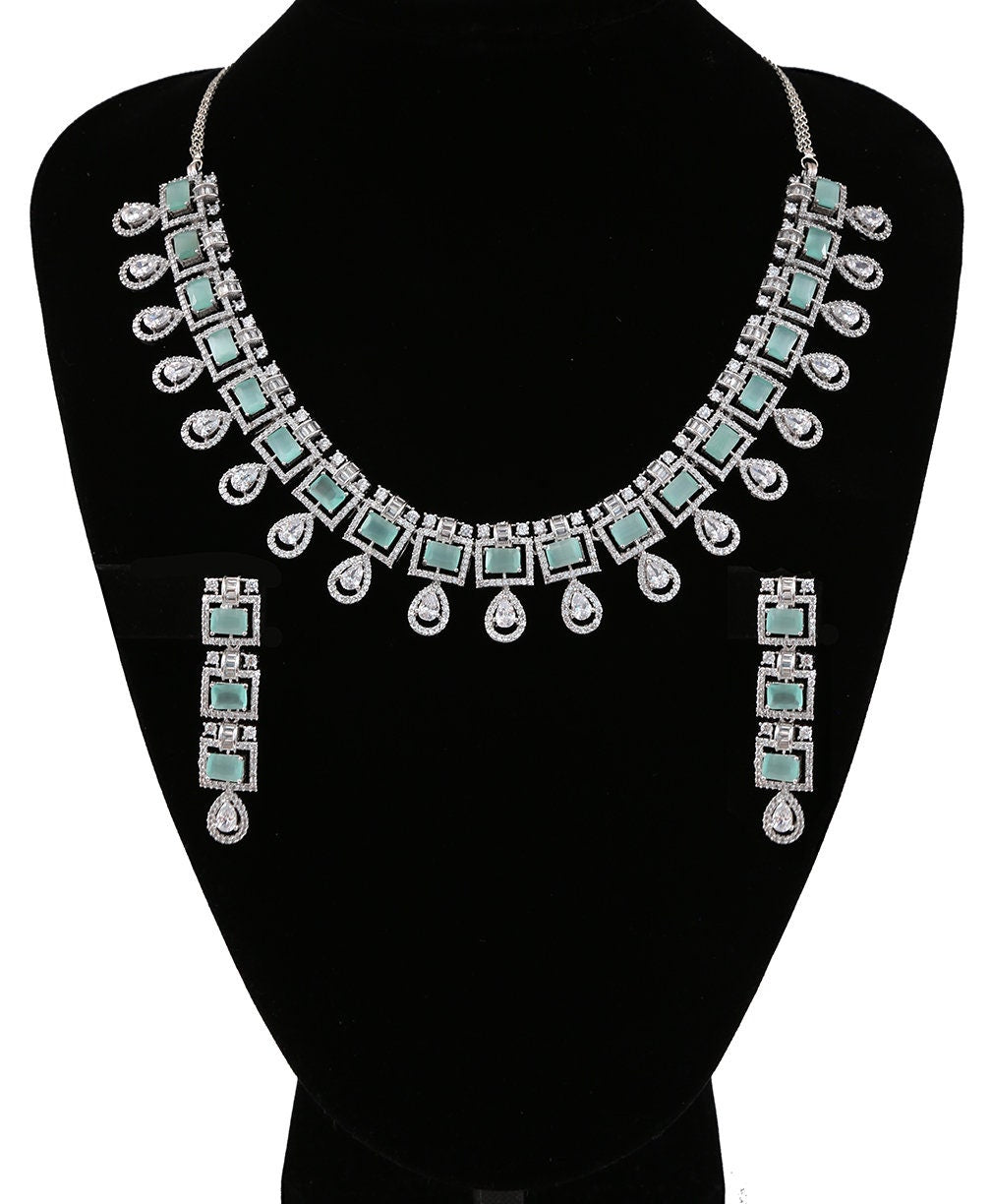 Zircon Stones and CZ Diamond Rhodium Plated Jewelry Set| Clear Teardrop Choker Necklace|Wedding Necklace and Earrings Set
