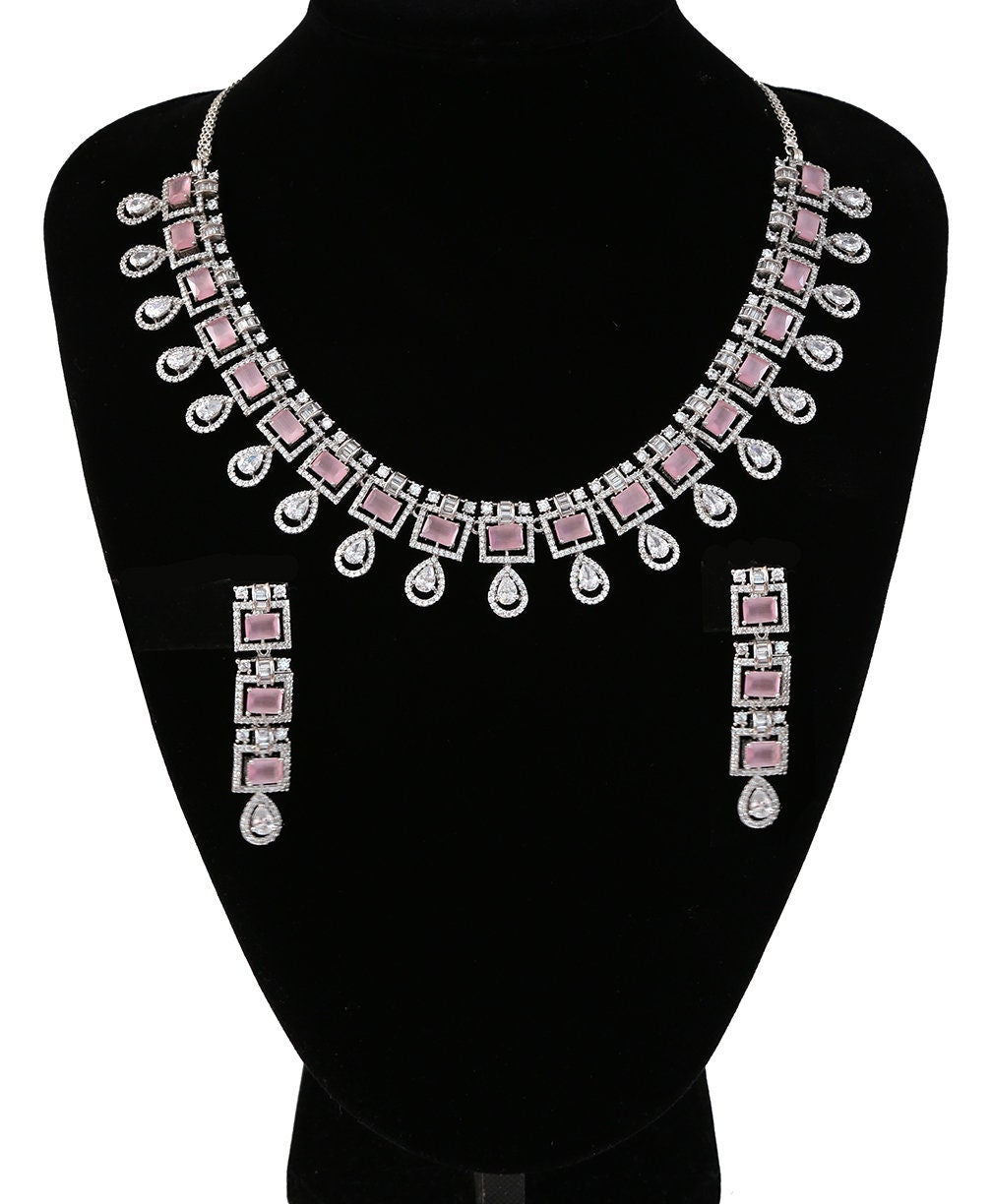 Zircon Stones and CZ Diamond Rhodium Plated Jewelry Set| Clear Teardrop Choker Necklace|Wedding Necklace and Earrings Set