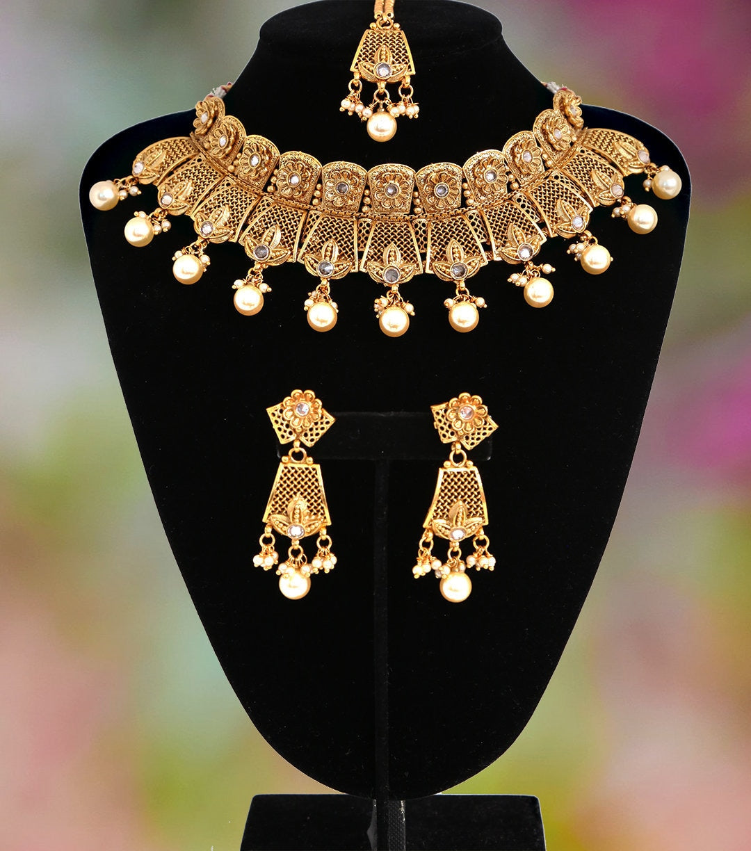 Kundan Jewelry Set Indian Choker Necklace with Earrings and Maang