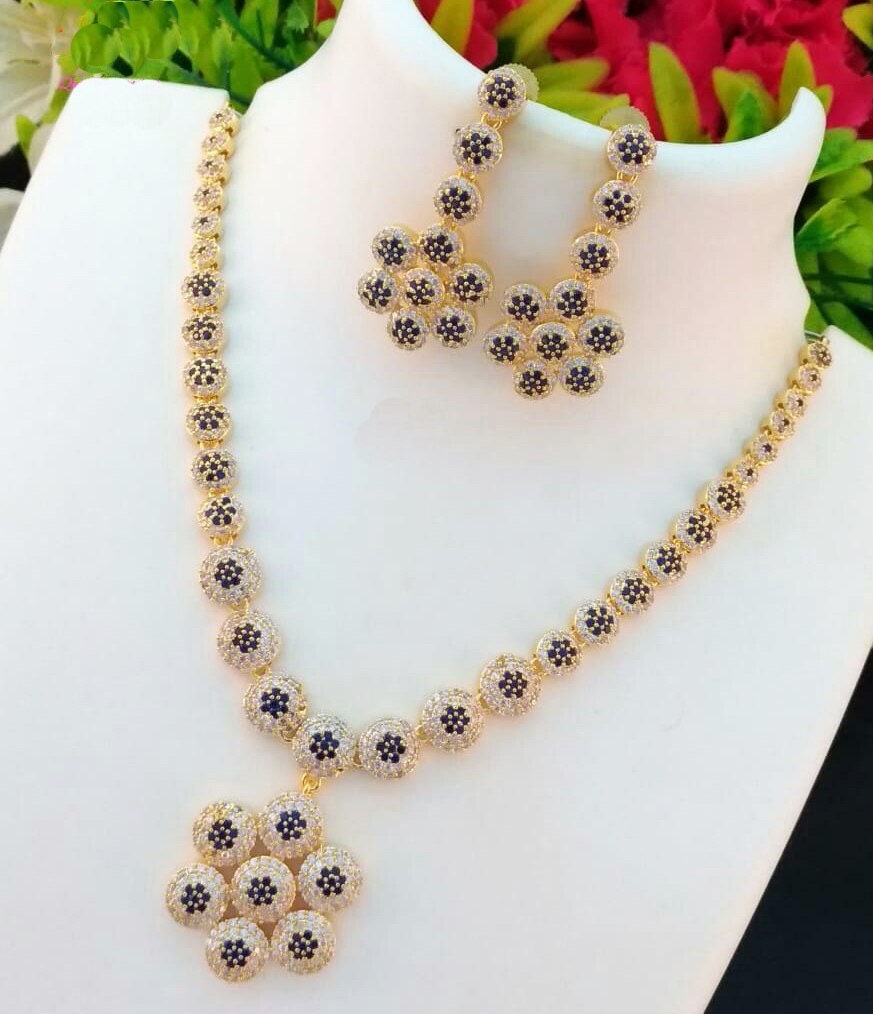 Simple Light Weight CZ and Blue Sapphire American Diamond Flower Pendant Short Necklace|Indian gold plated jewellery|Indian wedding earrings