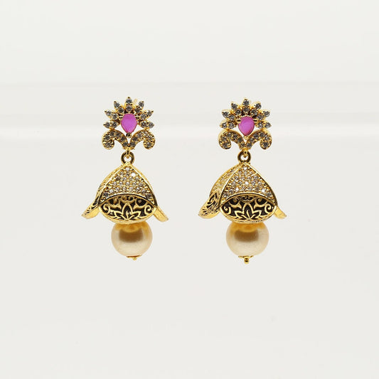 American Diamond Hot Pink CZ Fashion Jewelry Pearls Jhumka Earrings For Women|Classic CZ Golden Stone Ethnic Traditional Indian Earrings