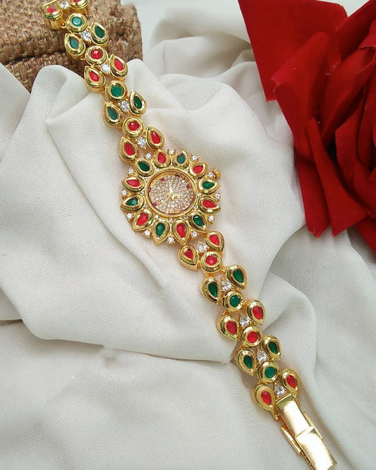 Precious Ruby Emerald White Kundan Watch with AD Stone Fashionable Bracelet for Ladies|Women's Fashion Watches|Indian Watches