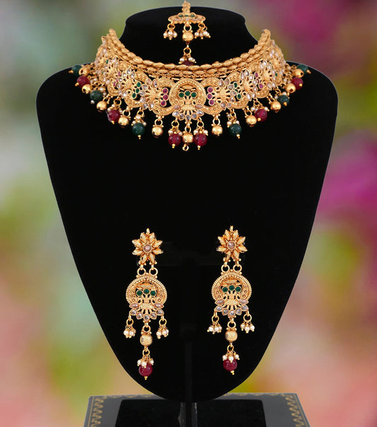 Wedding choker necklace set | Polki Necklace set|Ruby and Emerald Bridal Jewelry|Synthetic Stone studded Necklace Earrings and Tikka