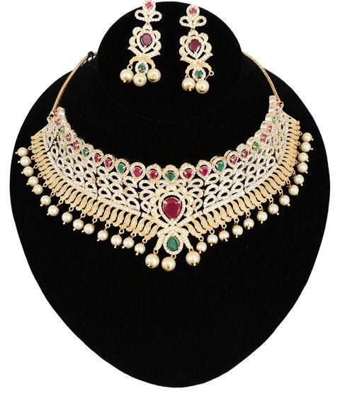 Gold Tone Indian Bollywood Wedding Designer Multicolor CZ Contemporary Jewelry|American Diamond Bridal Necklace|Cubic Zircon Jewelry