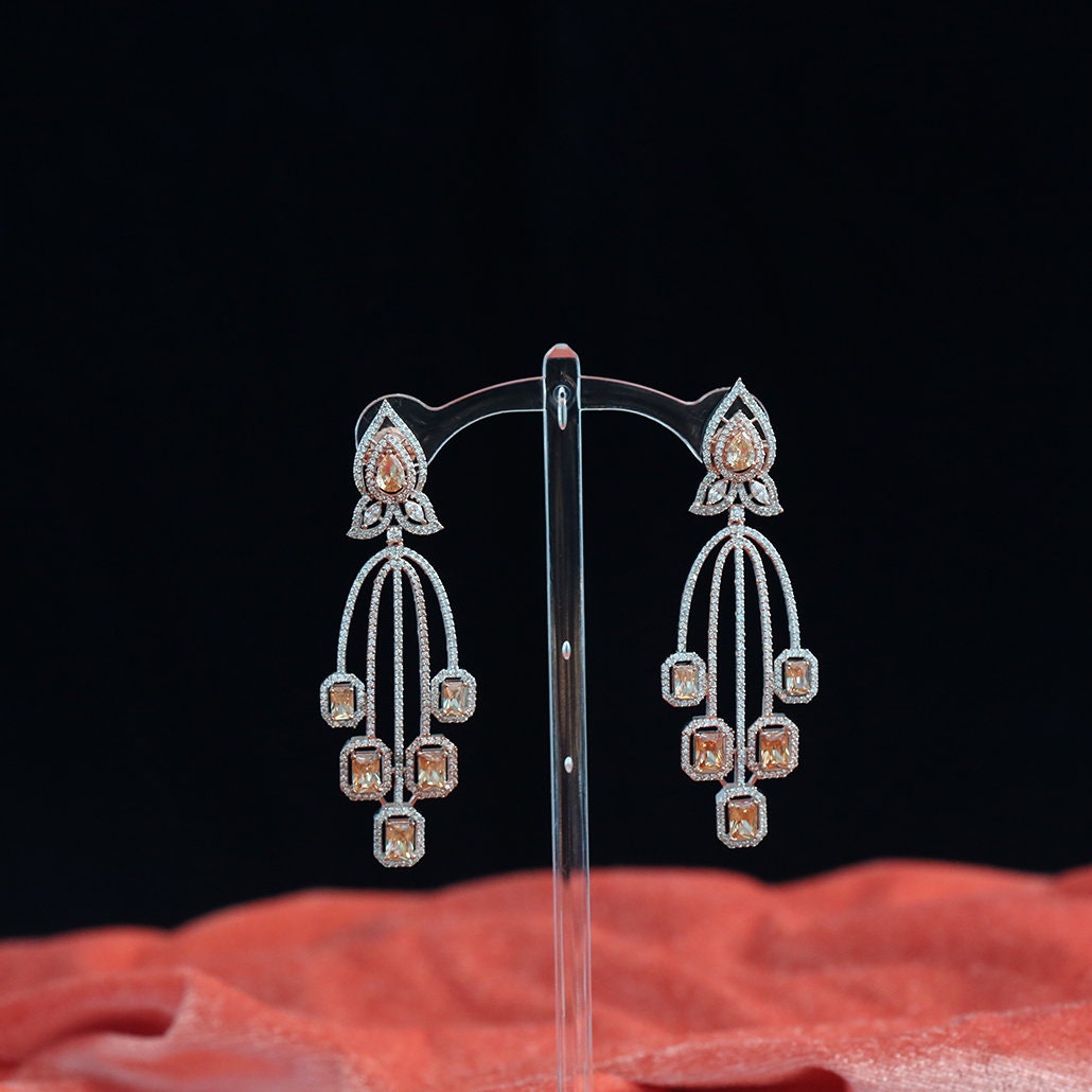 Rose Gold Plated Cubic Zirconia CZ Chandelier Art Deco Wedding Earrings|Bridal Fashion Earrings|Simple long earrings|Indian Earrings