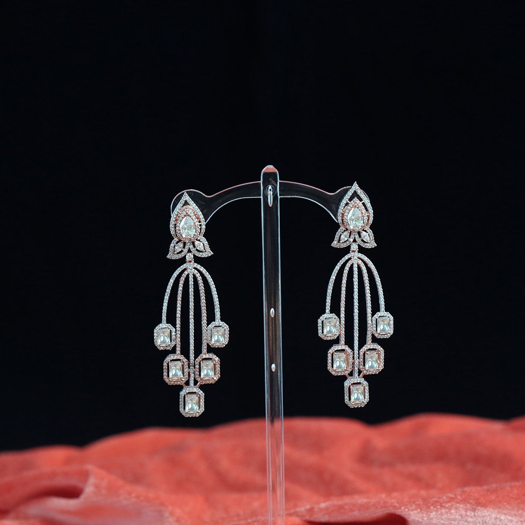 Rose Gold Plated Cubic Zirconia CZ Chandelier Art Deco Wedding Earrings|Bridal Fashion Earrings|Simple long earrings|Indian Earrings
