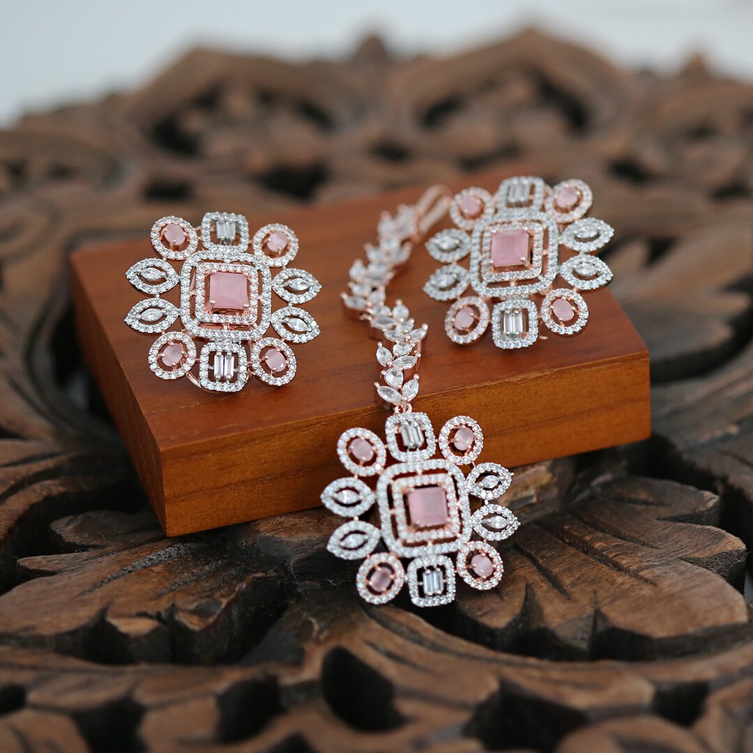 Floral American Diamond CZ Rose Gold Plated Fashion Tops Stud Earrings with Tikka|Indian Wedding Jewelry|Women's Fashion Earrings