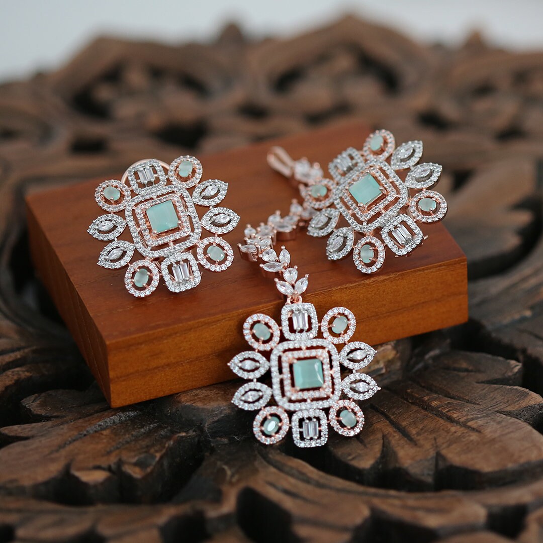 Floral American Diamond CZ Rose Gold Plated Fashion Tops Stud Earrings with Tikka|Indian Wedding Jewelry|Women's Fashion Earrings