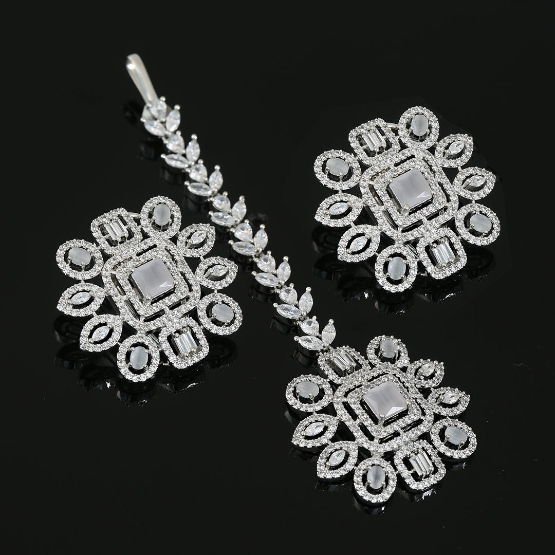Ladies Fashion Earrings|Floral American Diamond and CZ Rhodium Plated Fashion Tops Stud Earrings with Tikka|Indian Wedding Jewelry