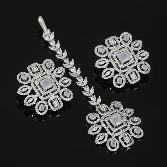 Ladies Fashion Earrings|Floral American Diamond and CZ Rhodium Plated Fashion Tops Stud Earrings with Tikka|Indian Wedding Jewelry