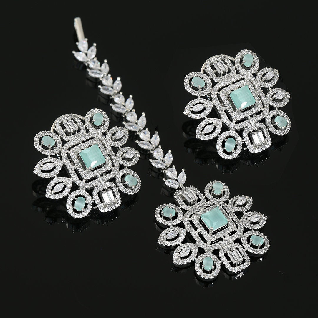Ladies Fashion Earrings|Floral American Diamond and CZ Rhodium Plated Fashion Tops Stud Earrings with Tikka|Indian Wedding Jewelry