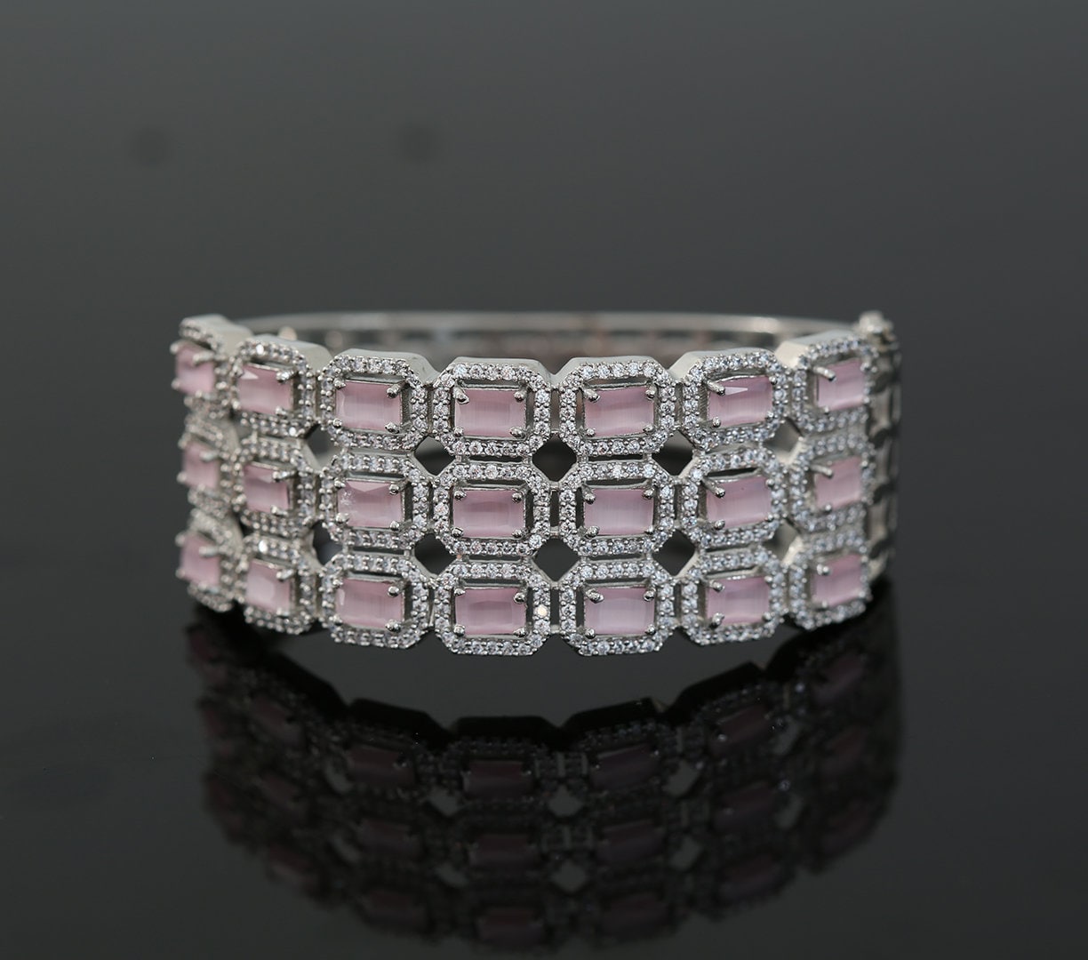Light Pink American Diamond Rhodium Plated Stylish Open Bangle Bracelet|Indian Wedding Bangles|Cubic Zirconia Bracelet Jewelry