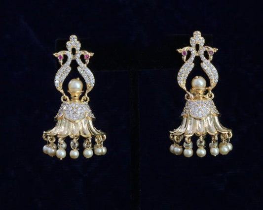 Gold Plated Dangling Jhumka Earrings with Faux Pearl Ball droppings|New Fashion Gold Earrings|