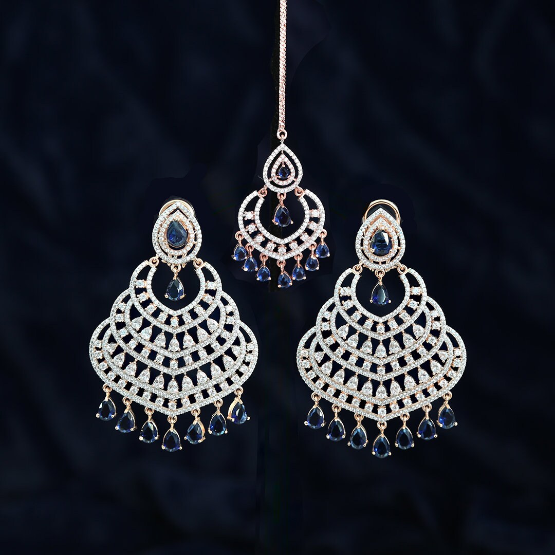 Exceptional Quality Rose Gold Chandbali Chandelier Earrings Maang tikka combo Bollywood Celebrity Jewelry