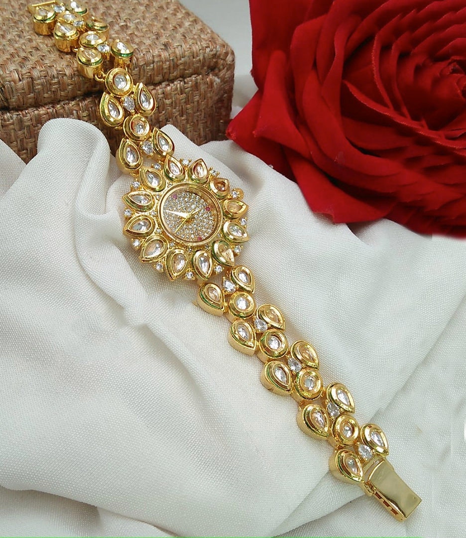 Precious Ruby Emerald White Kundan Watch with AD Stone Fashionable Bracelet for Ladies|Women's Fashion Watches|Indian Watches