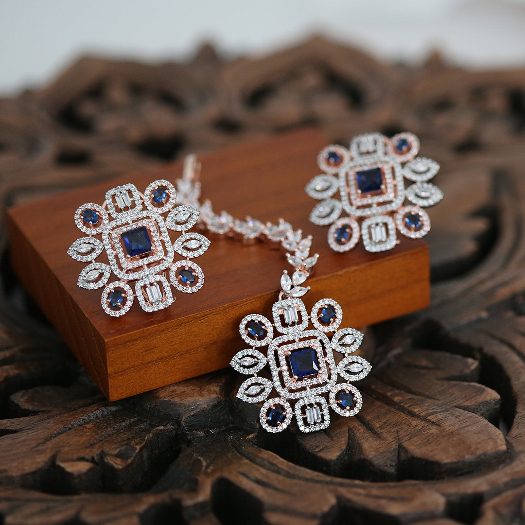 Floral American Diamond CZ Rose Gold Plated Fashion Tops Stud Earrings with Tikka|Indian Wedding Jewelry|Women's Fashion Earrings