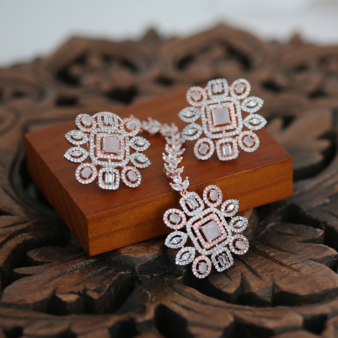 Floral American Diamond CZ Rose Gold Plated Fashion Tops Stud Earrings with Tikka|Indian Wedding Jewelry|Women's Fashion Earrings