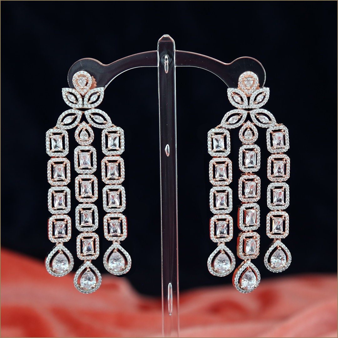 Best Quality Rose Gold American Diamond CZ Indian Jewelry Earrings | Long AD Indian Bollywood Pakistani Designer Earrings | Trendy Earrings